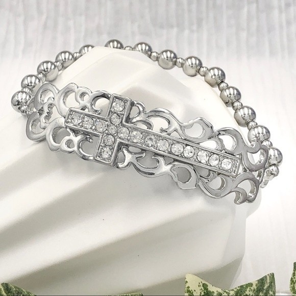 🌼 Sideways Cross Silver Tone Beaded Stretch Bracelet - Picture 1 of 2
